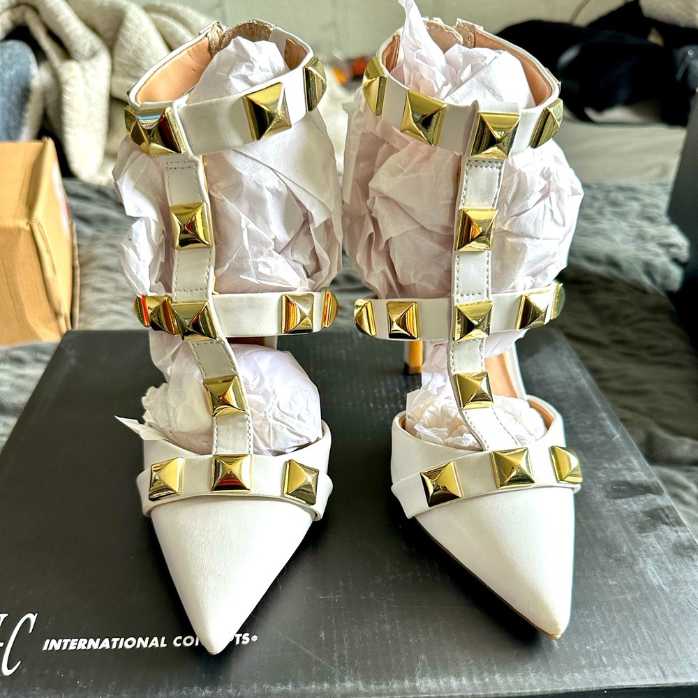 White INC gold studded heels